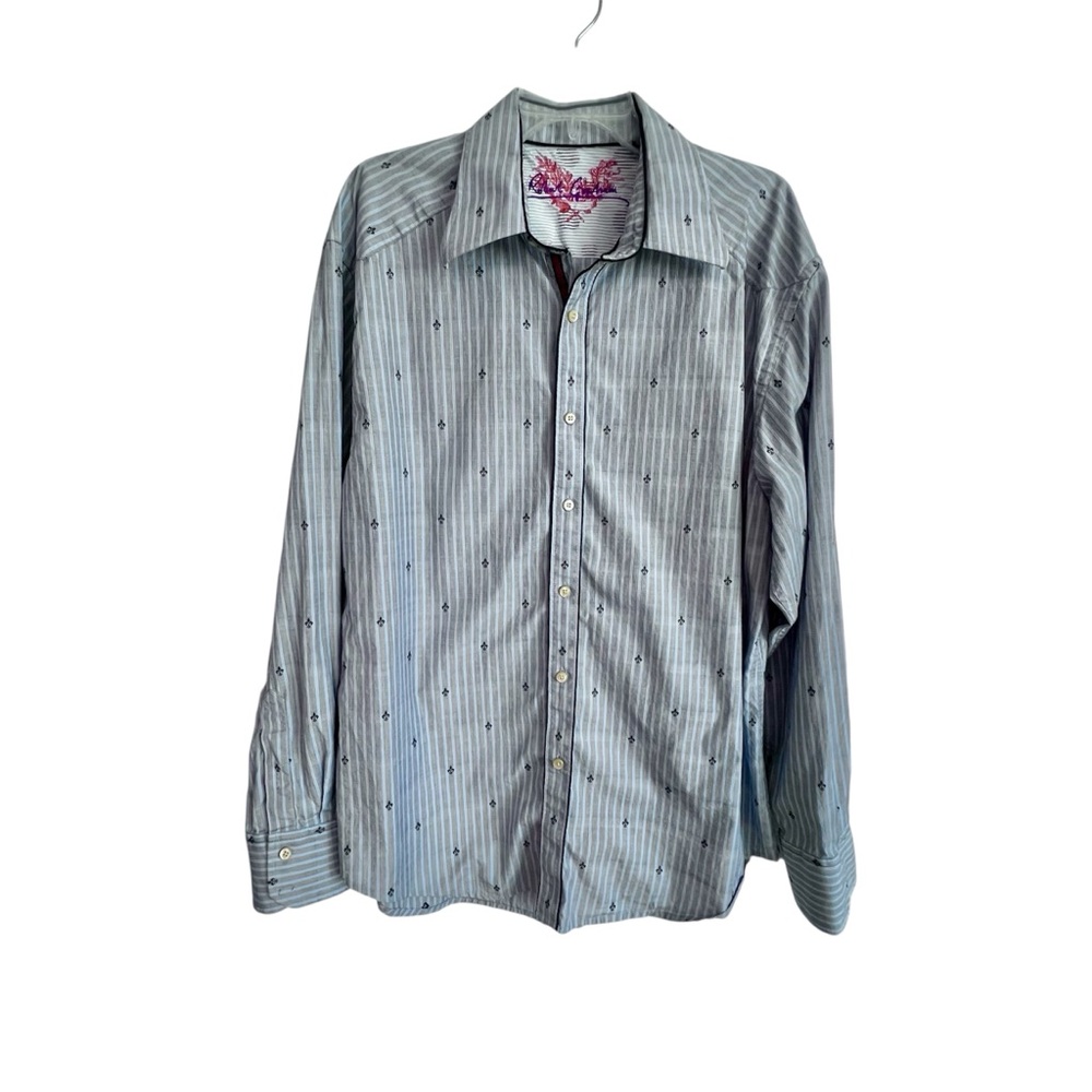 Robert Graham Mens 2XL Long Sleeve Blue & Gray Stripe Button Fleur De Lis Print